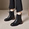 Leather Boots Martin Boots Women's New Square Head Square Heel Lace-up Short Boots First Layer Cowhide Middle Heel