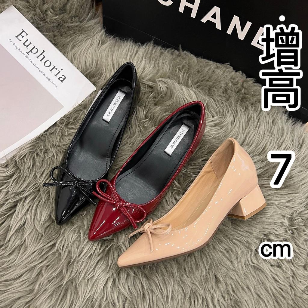 Pointed Small Man Bow Evening Evening Shoes 2025 New Soft Sole Gentle Thick Heel Patent Leather Inner Height Increase Single Shoes Women