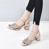 High-heeled Sandals Women's Shoes 2025 Summer Open-toed Square-heeled One-word Buckle Sandals Simple Rhinestone Mid-heel Cowhide Fairy Shoes