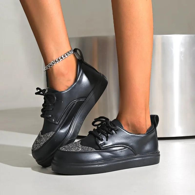 Women Spring Autumn Platform Loafers Woman Round Toe Lace Up Designer Sneakers Sexy Elegant Silver Outdoor Casual Girl'S Shoes