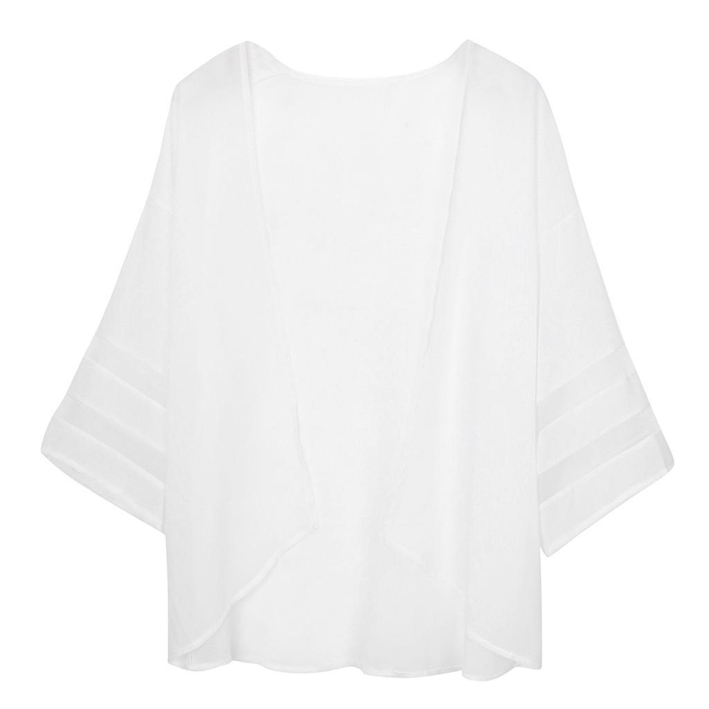 Women Mesh Panel 3/4 Bell Sleeve Pure Color Chiffon Casual Loose Kimono Cardigan