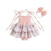 Newborn Girl Outfit, Tie-up Embroidery Flower Romper Dress with Bowknot Hairband Summer Clothes
