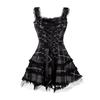 Steampunk Plaid Mini Dress for Women Lace Up Sleeveless A-Line Dress Medieval