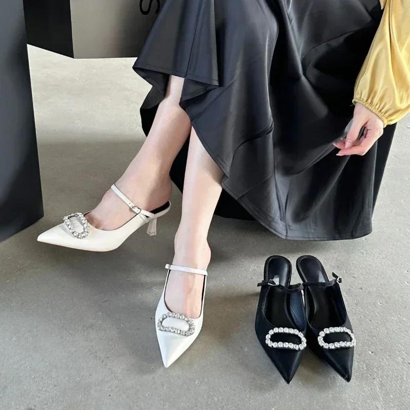 Fashion Luxury Rhinestone Buckle Mules Sandals Women Pointed Elegant High Heel Slingback Shoes Fashion Designer Slippers Female Pumps