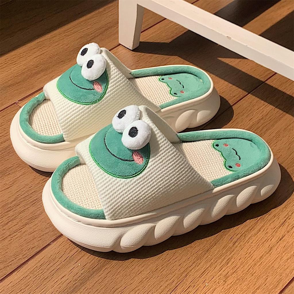Lovely Frog Linen Slippers Women Couples Non Slip Thick Soled Spring Summer Cotton Linen Cool Slippers Home Slipper