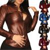 Women Shirt Solid Color Slim Faux Leather Cool V Neck Blouse for Daily Wear