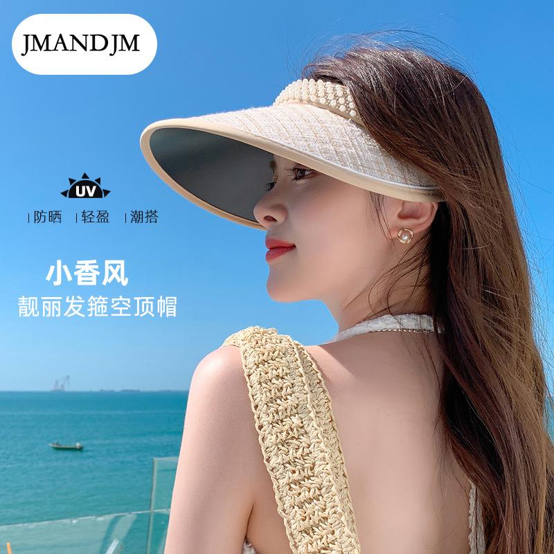 Summer Sunscreen Sunshade Empty Top Hat Korean Version Versatile Pearl Hat Women's Vinyl Big Eaves Headband Sun Hat
