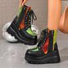 Fashion Inside Booties Autumn New Round Toe Lace-Up Front Side Zipper Platform Anti-Slip Wear-Resistant Wedge Shoes