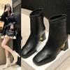 French Fashion Boots Autumn And Winter Velvet Warm Square Head Thick Heel Back Zipper Korean Version Elastic Thin Boots Women
