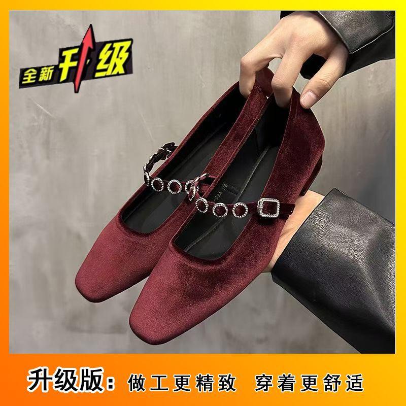 Retro Square Head with Rhinestone Evening Shoes Thick Middle Heel Suede Mary Jane Shoes 2025 Heightened Autumn and Winter New Models