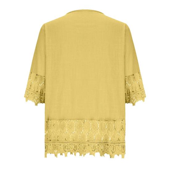 Women Shirt V-neck Lace-up Half Sleeve Pullover Tops Solid Color Loose Fit Embroidery Lace Flower Splicing Shirt