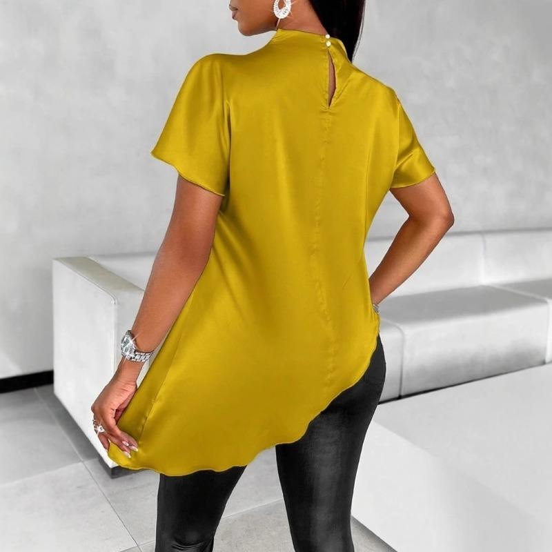 Satin Colored Shirt for Autumn Winter Bat Sleeves Asymmetrical Hem Shirt Top Blouses & Shirts