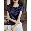 Women's Faux Satin Round Neck Top - Short Sleeve, Solid Color, Versatile, Drop Shoulder, Summer Style