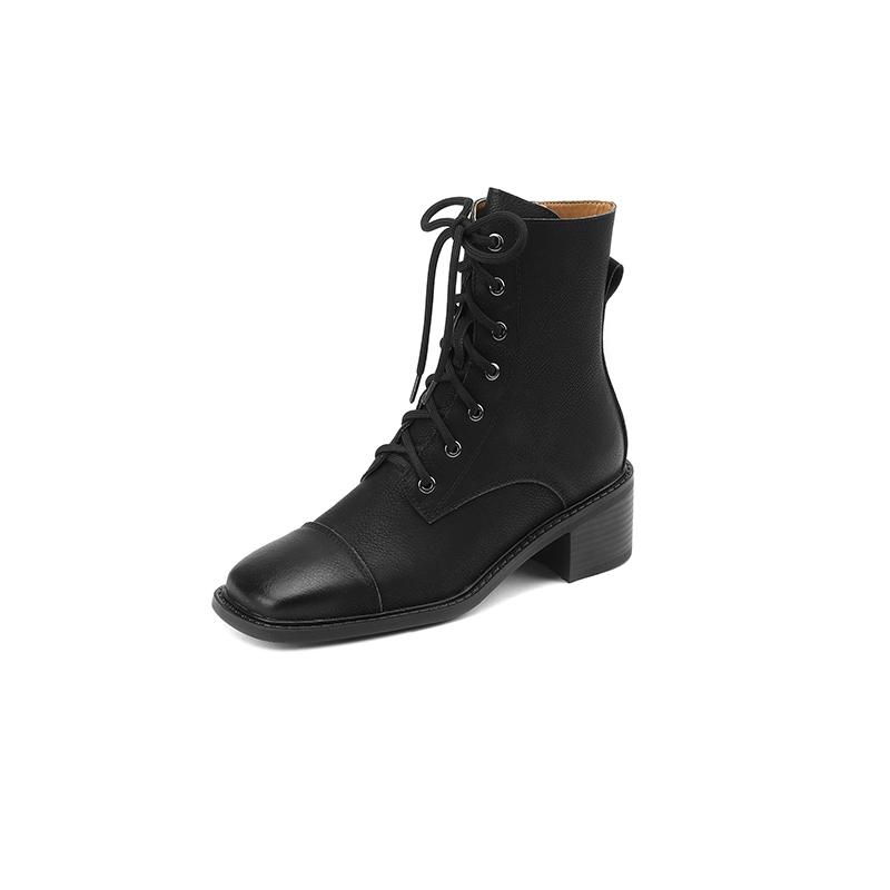 Fashion 2025 New Cross-Tied Women Short Boots Autumn Winter Genuine Leather Office Lady Square Toe Side Zipper Shoes Woman Ankle Boots