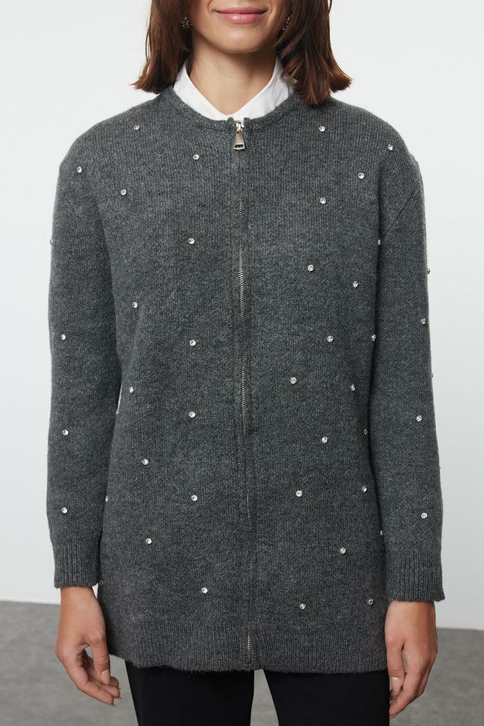 Women's Fashionable Stylish Hijab Cardigan Gray Stone Detailed Zippered Knitwear Cardigan