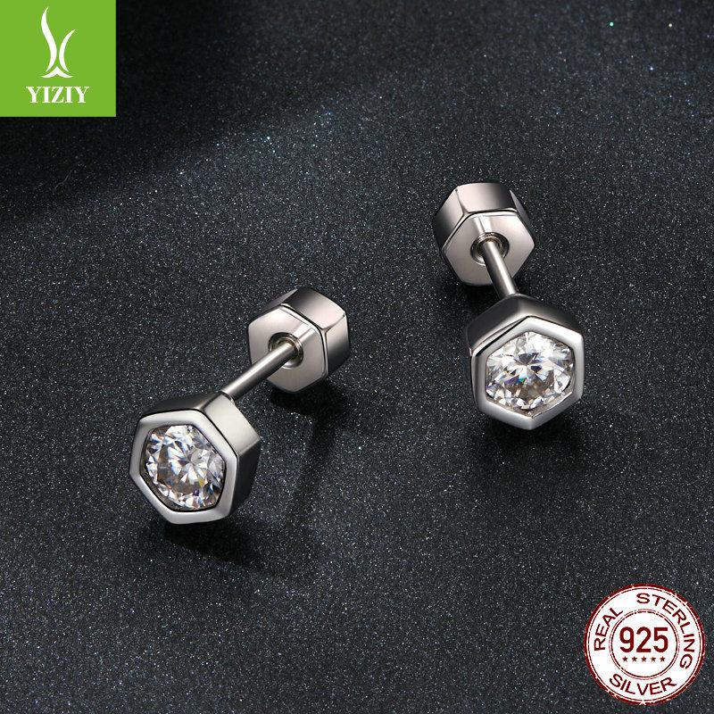 Classic Hexagonal Mozzarella Diamond Stud Earrings, Simple Personalized Fashion S925 Sterling Silver Stud Earrings