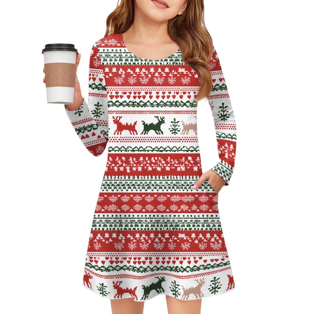 Christmas Day Girls' Long Sleeve Dress - Color Pocket Dress