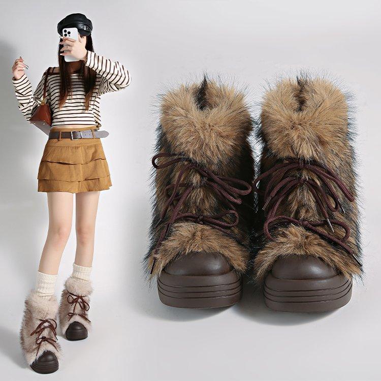 Small Thick-soled Snow Boots Women's 2025 New Autumn and Winter Thickened Fluffy Short Boots Wear Warm Cotton Shoes