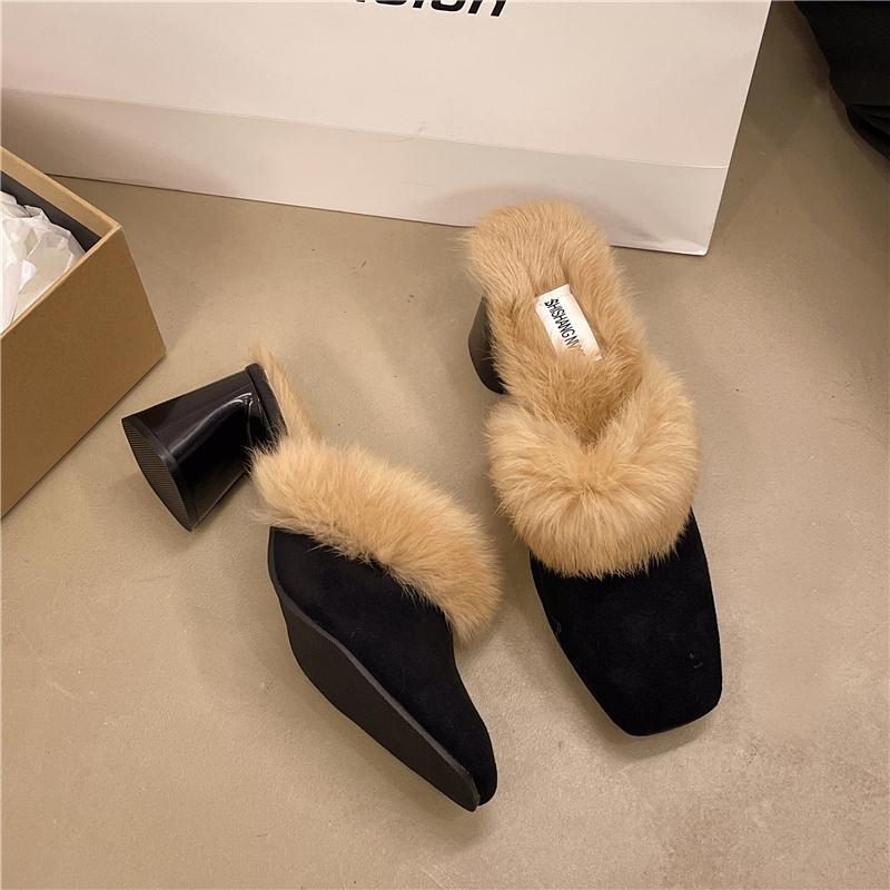 Women Fur High Heels Square Toe Slippers Cozy Suede Warm Plush Cotton Shoes Winter 2025 Trend Fashion Flip Flops Zapatos Mujer