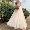 Qooth Elastic Waist 3 Layers Mesh Long Tulle Skirt Spring Autumn Elegant Vintage High Waist Ball Gown Gauze Tutu Skirt QT2001