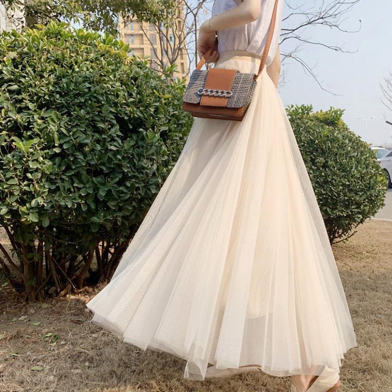 Qooth Elastic Waist 3 Layers Mesh Long Tulle Skirt Spring Autumn Elegant Vintage High Waist Ball Gown Gauze Tutu Skirt QT2001