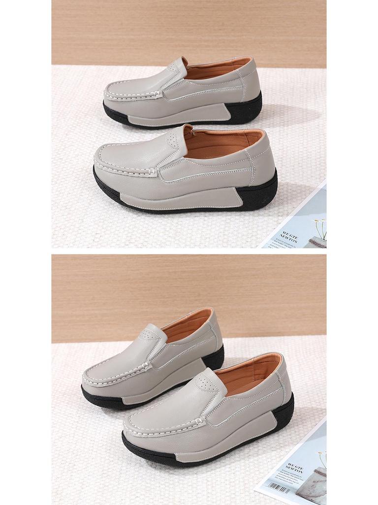 Genuine Leather Thick-Soled Loafers for Women - Soft, Casual Slip-On Shoes for All Seasons, Suitable for Pregnant Women