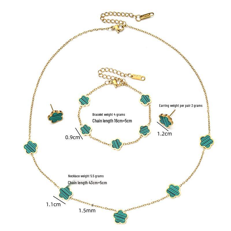 INS-Inspired Stainless Steel Four-Leaf Clover Jewelry Set: Bracelet, Stud Earrings, and Necklace for Women