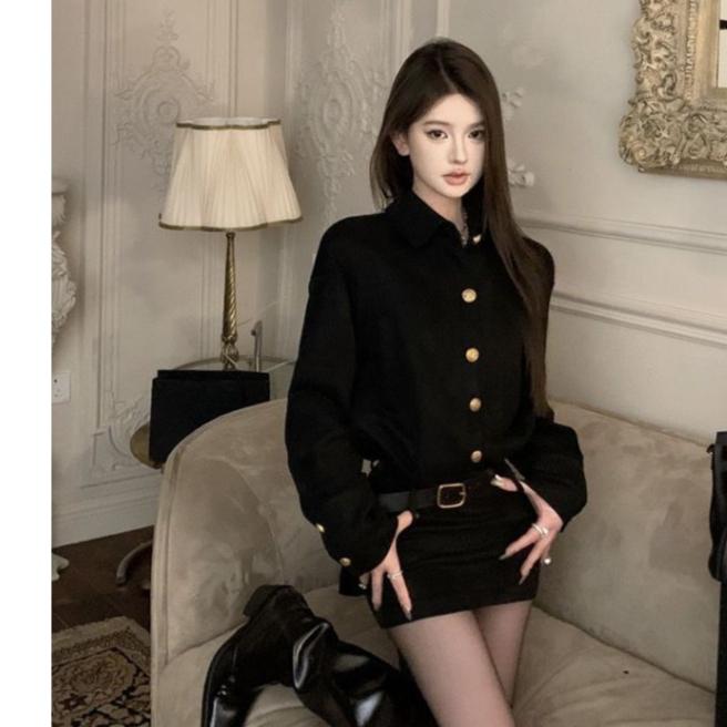 Polo Collar Loose Deerskin Velvet Long-sleeved Dress Women  Autumn New Korean Solid Color Casual Mini Dress with Belt