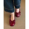 Sheepskin Version~ Genuine Leather Retro Pleated Bow Flat-bottomed Ballet Shoes Commuting Versatile One-pedal Shallow-mouth Single Shoes