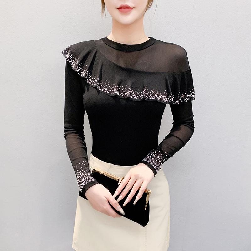 Spring Autumn Women's Ruffles Hotfix Rhinestone T-Shirt Elegant Full Sleeve O-neck Tees Slim Ladies Tops