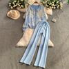 Autumn Winter Women Vintage Print Knitted Sweater Trouser Two Piece Set Full Sleeve Cardigan Tops and Drawstring Wide Leg Pant Suit