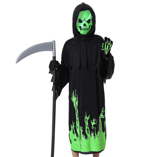 Halloween Grim Reaper Costume for Kids Glow-in-the-Dark Cosplay Outfit with Scythe for Halloween Parties Dress-Up