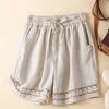 Women's Loose Boho Summer Shorts Drawstring Comfy Elastic Waist Shorts High-Waisted Wide-Leg Hollow Floral Lace Shorts