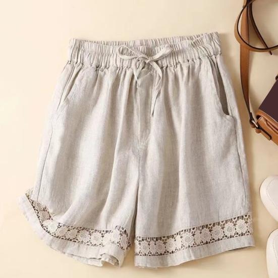 Women's Loose Boho Summer Shorts Drawstring Comfy Elastic Waist Shorts High-Waisted Wide-Leg Hollow Floral Lace Shorts