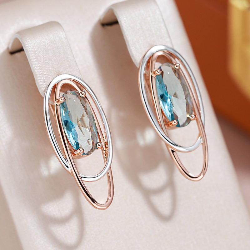 Double Oval Gold Silver Color Dangle Blue Zircon Women Earrings Personality Party Jewelry Modern Trendy Accessories