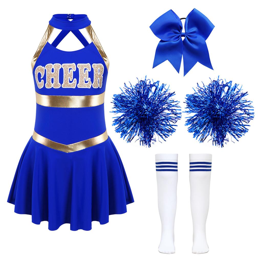 Cheer Leader Halloween Costume for Girls Sleeveless Tank  Dress Outfit with Pom Poms for Cheerleading Dancing