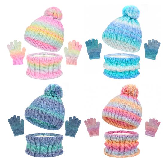 3Pcs/Set Kids Hat Scarf Gloves Set Rainbow Color Twist Texture Hat Thickened Plush Lining Neck Gaiter Knitted Gloves Set