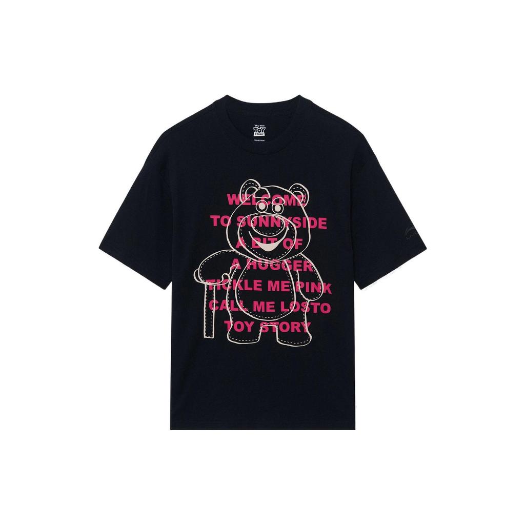 Li-Ning Strawberry Bear Letter Print Round Neck Short Sleeve T-Shirt Unisex Tops Black AHSS955-5