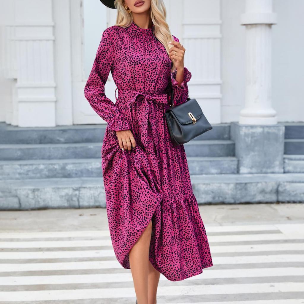 Spring and Summer Women's Casual Printed Stand-collar Ruffled Long-sleeved Lace-up Waist Dress