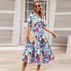 Summer Women's V-Neck Printed Dress A-Line Skirt