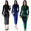 Lady Evening Dress Slim Fit Pleated Bateau Neck Long Sleeve Pure Color Midi Dress Sheath Calf Length Prom Cocktail Party Dress