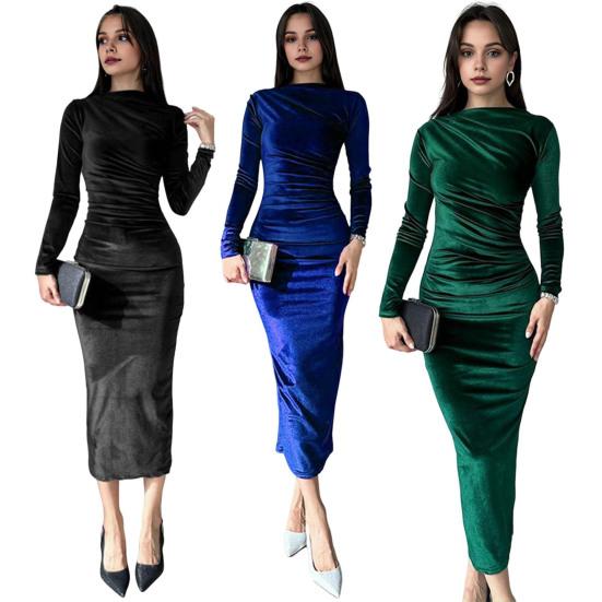 Lady Evening Dress Slim Fit Pleated Bateau Neck Long Sleeve Pure Color Midi Dress Sheath Calf Length Prom Cocktail Party Dress