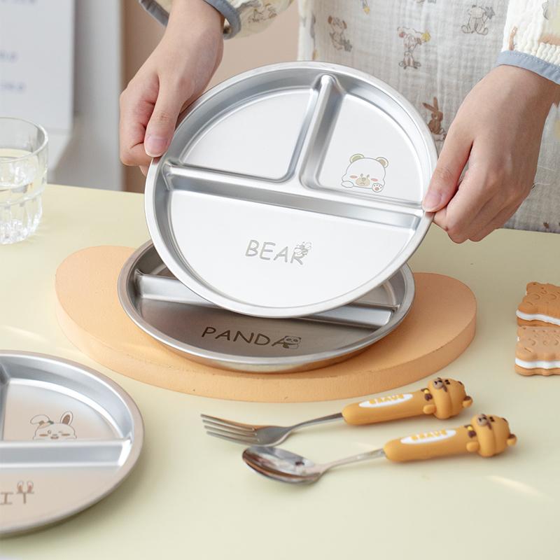 Round Dining Plate 304 Stainless Steel Food Plate Divided Breakfast Plate 3 Grids Cute Tableware Stackable Fruit Salad Plate Set