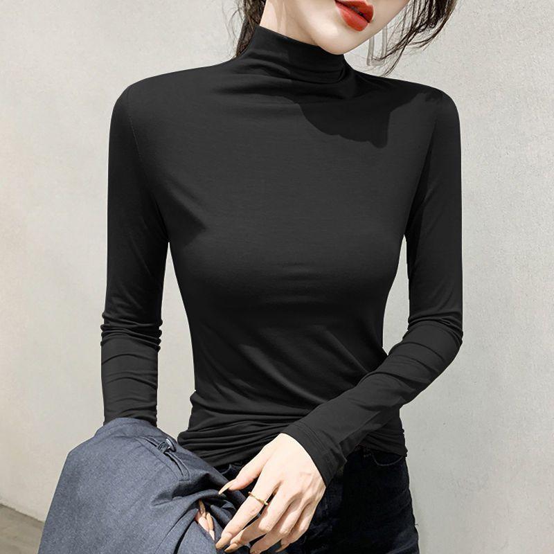 Women's Half - High Neck Base Layer Top for Spring and Autumn Long - Sleeved T - Shirt Inner Wear Versatile Slim Fit Black Outer - Wear Top