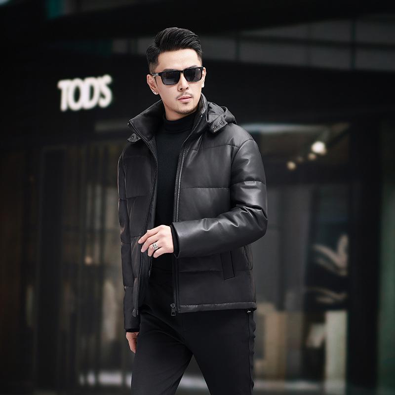 Thickened Removal Cap Leather Leather Jacket Short Fashion Men's Leather Down Jacket