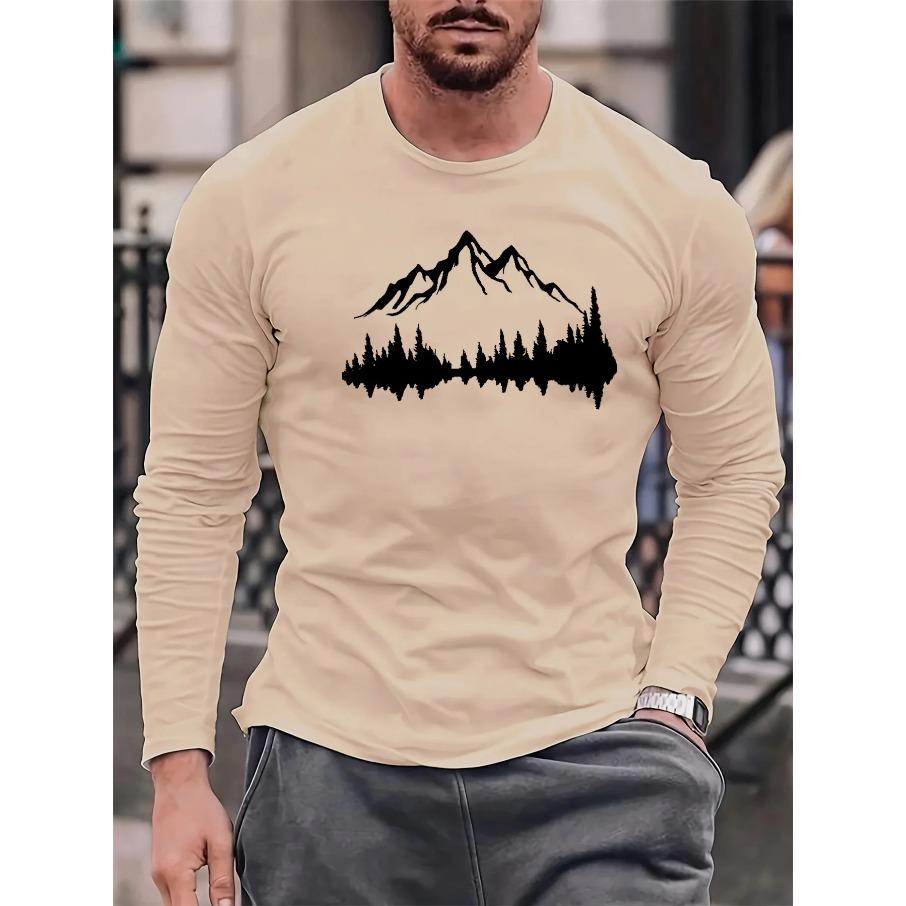 Men's Loose Fit Comfortable Casual Sports Mountain Reflection Pattern Printed Round Neck Long Sleeved T-shirt