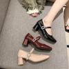 Fashion Red Mary Jane Women Pumps Thick High Heels Shoes Female Lolita Square Toe Shoes Fashion Party Leather Woman Shoes 2024 New