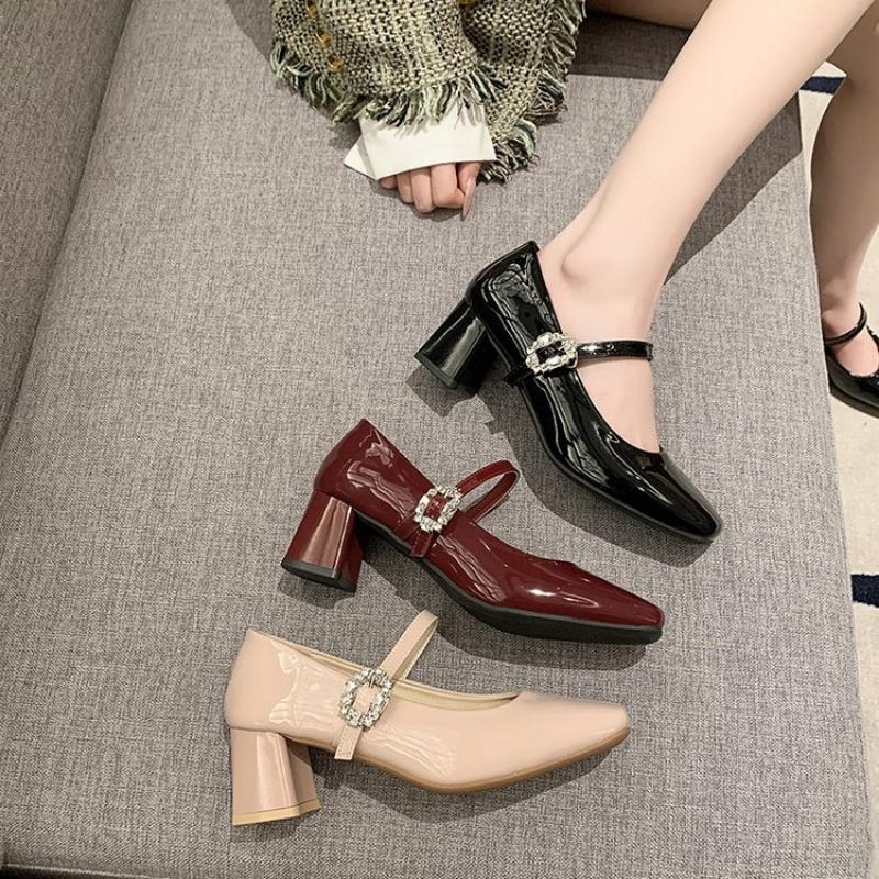 Fashion Red Mary Jane Women Pumps Thick High Heels Shoes Female Lolita Square Toe Shoes Fashion Party Leather Woman Shoes 2024 New