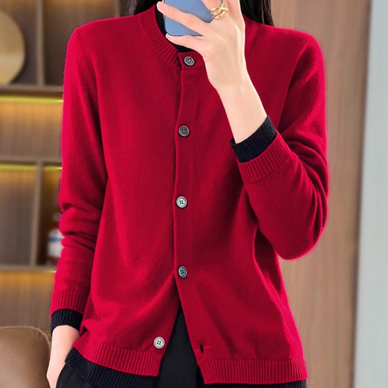 IHUASU Patchwork Wool Knitted Cardigan Women's Spring and Autumn Simple Versatile Bottoming Shirt Jumper Coat