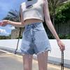 Classic and Minimalist Fashion Versatile Female Summer High-waisted Broken Holes Thin Loose Wide-legged A-line Denim Shorts Individuality Trendiness